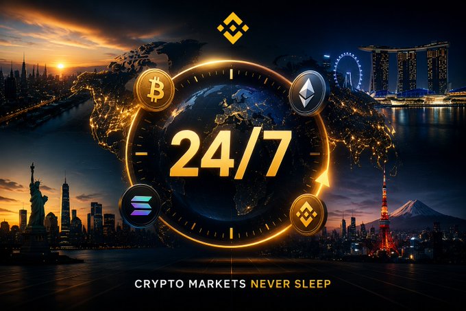 The image features a glowing "24/7" emblem encircled by Bitcoin, Ethereum, and Binance Coin logos against a world map backdrop showcasing iconic city skylines like the Statue of Liberty and Marina Bay Sands, with the tagline "CRYPTO MARKETS NEVER SLEEP" at the bottom. This visually reinforces the post's message about cryptocurrency's round-the-clock trading availability, contrasting with traditional stock markets that have set operating hours.