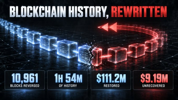 The image features a dramatic visual of blue blockchain blocks being fractured and replaced by red blocks curving back with arrows, illustrating a rollback event, overlaid with the headline "BLOCKCHAIN HISTORY, REWRITTEN" and key stats: "10,961 BLOCKS REVERSED," "1H 54M OF HISTORY," "$111.2M RESTORED," and "$9.19M UNRECOVERED." It visually reinforces the post's message about the Cronos chain's rollback following the Tectonic lending protocol exploit involving TONIC token price manipulation, showing how nearly 11,000 blocks were reversed to restore $111.2M while $9.19M remained unrecovered.