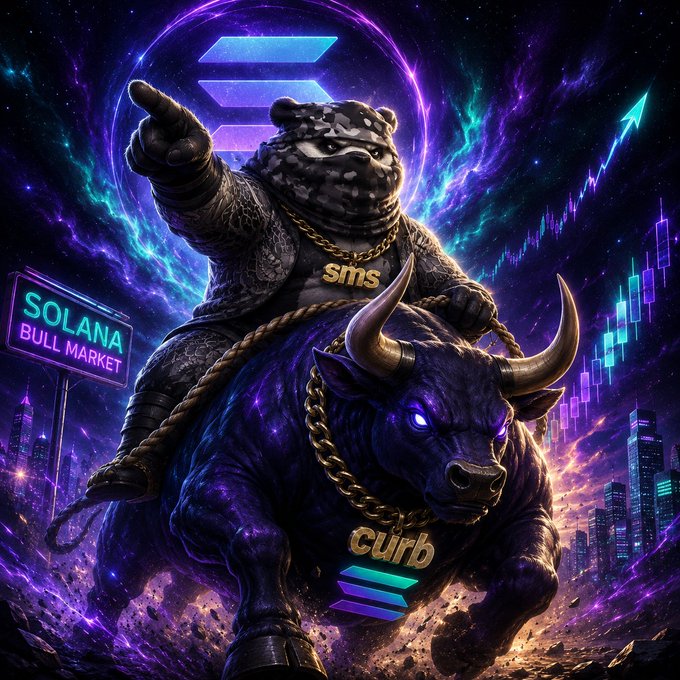 A vivid digital artwork shows a bear in gold chains riding a glowing purple bull, with a 'SOLANA BULL MARKET' sign, the Solana logo, and 'sms' and 'curb' text visible against a cosmic cityscape backdrop.
