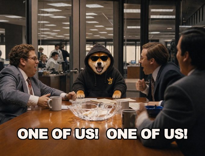 A humorous meme showing a Shiba Inu dog wearing a black hoodie and sunglasses sitting at a corporate meeting table with laughing humans, captioned 'ONE OF US! ONE OF US!'