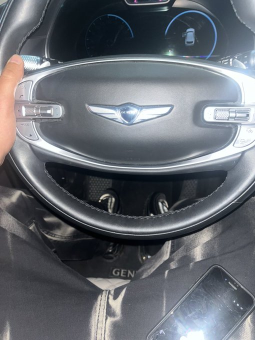 Interior view of a Genesis car steering wheel with the Genesis logo on the airbag, paddle shifters visible, and the digital instrument cluster shown above.