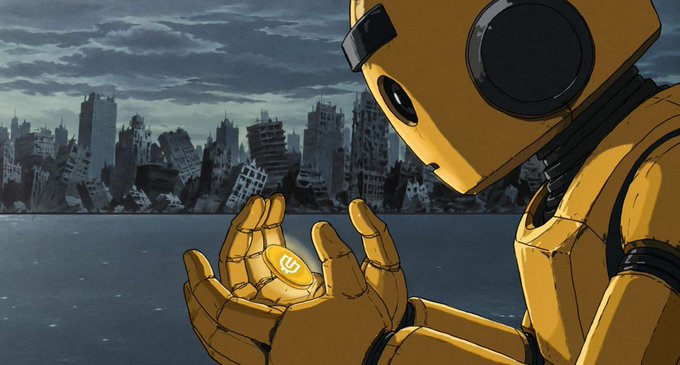 A yellow robot holding a glowing gold coin with the Binance logo in its hands, set against a backdrop of a destroyed city skyline across water.