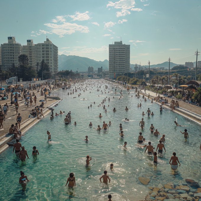 A bustling urban public pool scene with swimmers enjoying the clear water on a sunny day, framed by city buildings and distant mountains. The artwork, titled "Summer Day at the Pool," captures a lively community atmosphere and matches the NFT auction listing's celebration of summer leisure.