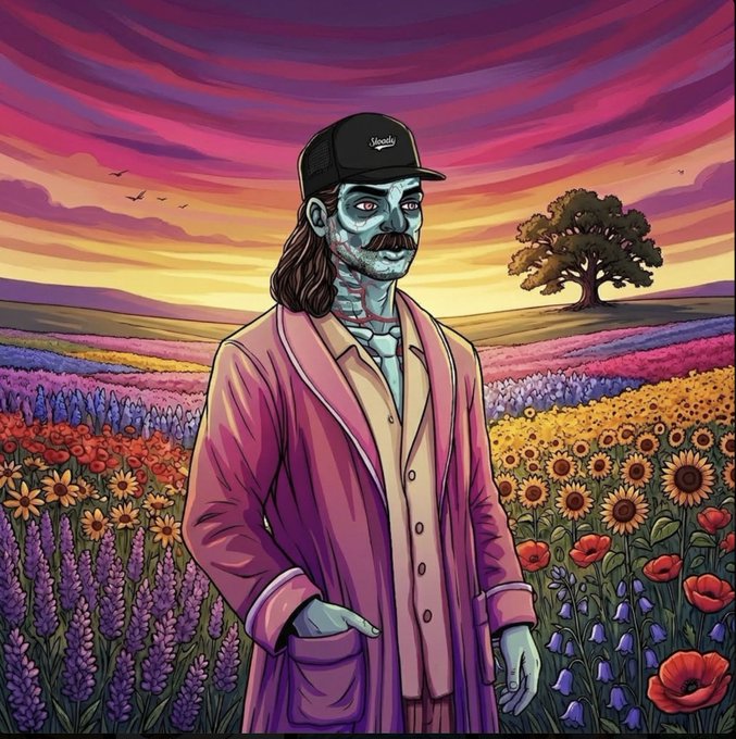 A colorful illustrated artwork features a green-skinned zombie-like character with long dark hair and a mustache, wearing a pink robe and black cap, standing in a vibrant field of flowers at sunset.