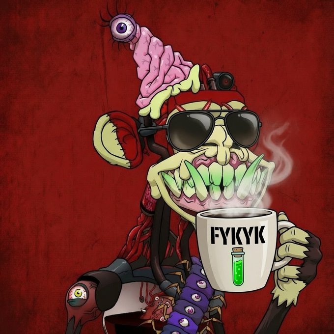 A cartoon illustration of a grotesque green character with sunglasses and a brain on its head, holding a mug that reads 'FYKYK'.