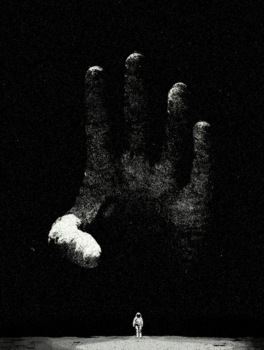 The image features a person standing next to a large hand, which appears to be made out of white particles or dust. The hand is positioned above the person's head, creating an interesting visual effect. The background of the image is black, making the hand and its surroundings stand out even more. The caption below the image reads: "Last 4 hours on the auction of: Neither Above Nor Below"