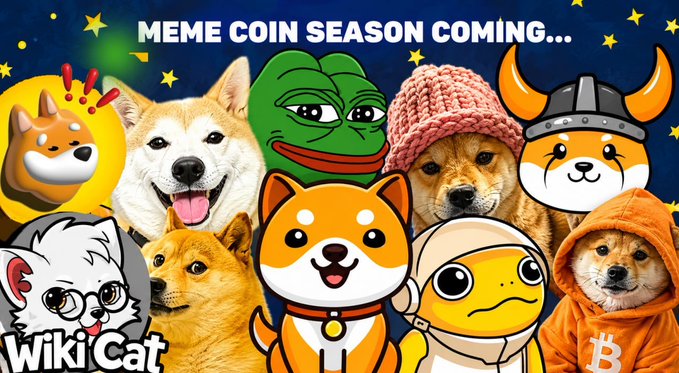 A meme graphic titled 'MEME COIN SEASON COMING...' featuring various popular internet meme characters and dog breeds, including Pepe the Frog, Doge, and Wiki Cat.