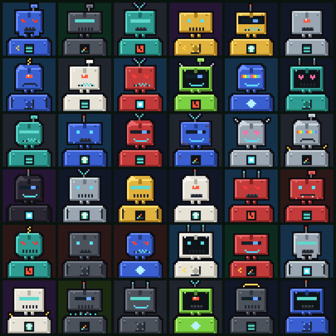 A grid of 36 colorful pixel art robot characters with various designs, colors, and facial expressions on a dark background.