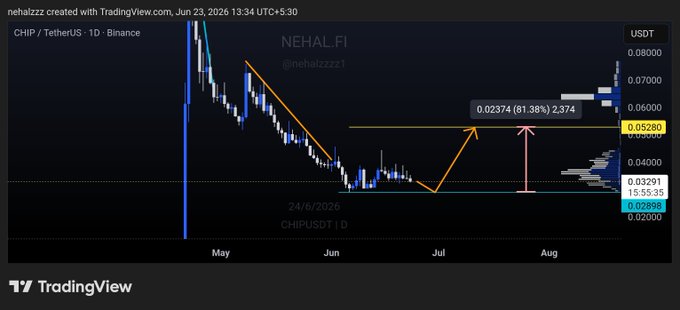 The image shows a chart with a blue line that goes down, indicating a downward trend for a stock or cryptocurrency. The text at the top of the image reads "CHIP", which could be a symbol or a reference to a specific type of investment. This information is relevant to the post because it suggests that the user might be interested in investing in CHIP or analyzing its performance as part of their trading strategy.