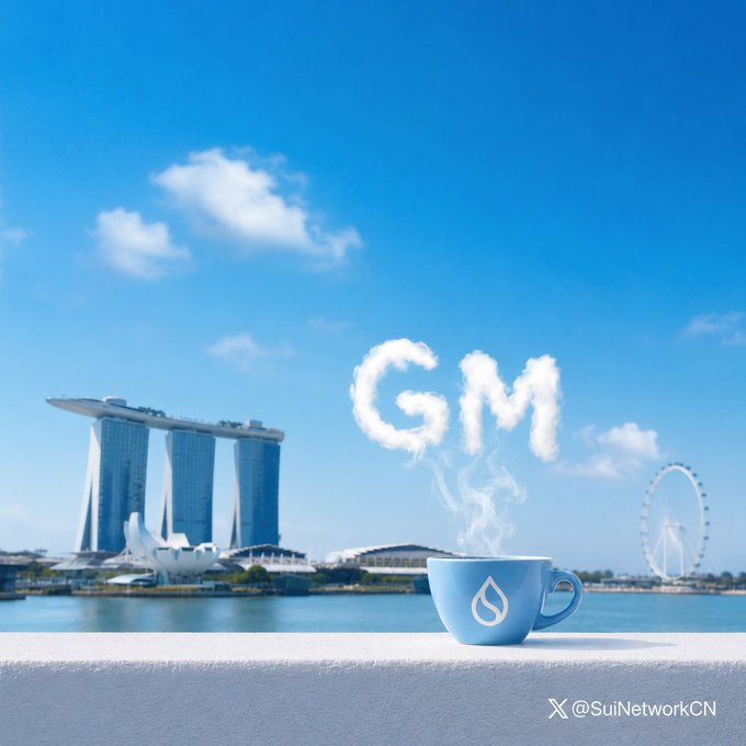 A 'GM' (Good Morning) image featuring a blue Sui-branded coffee cup with steam forming the letters 'GM', set against the Singapore skyline including Marina Bay Sands and the Singapore Flyer, credited to @SuiNetworkCN.