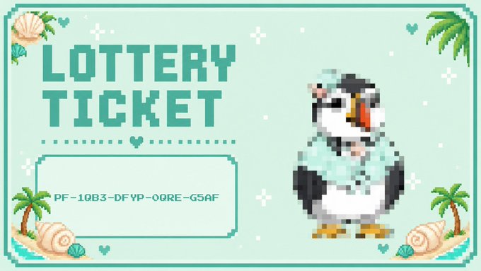 A pixel-art 'LOTTERY TICKET' with code 'PF-1QB3-DFYP-OQRE-GSAF' features a fluffy white bird character on a beach-themed background with seashells and palm trees.