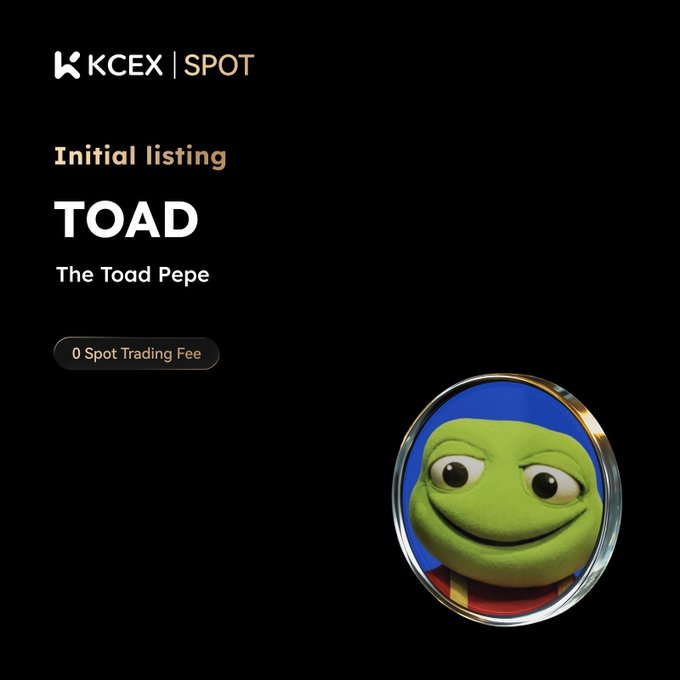 An announcement from KCEX SPOT exchange about the initial listing of 'TOAD - The Toad Pepe' token with 0 Spot Trading Fee, featuring a Pepe-style frog character.