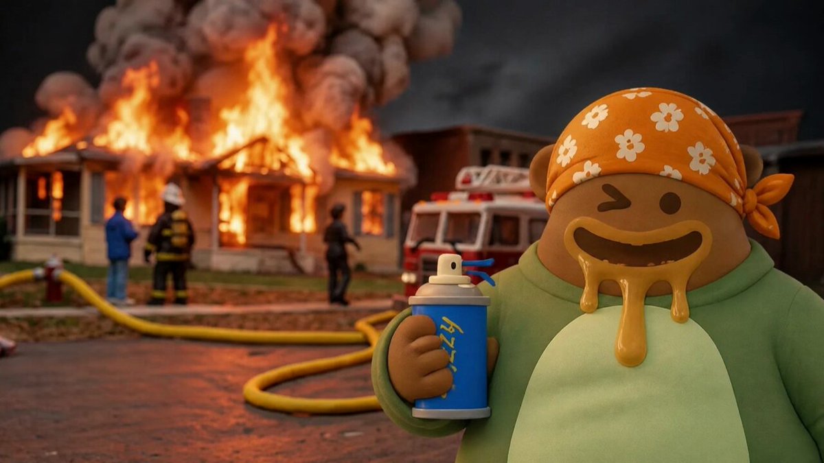 The image features a cartoon character, possibly a monkey or a bear, wearing an orange bandana with white flowers and holding a blue canister of paint spray. The scene takes place outdoors, with a fire burning behind them. In the background, there are people standing around, some of whom appear to be firefighters.
