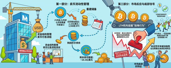 The image is a Chinese-language infographic illustrating MicroStrategy's (referred to as "美国知名公司总部," a well-known U.S. company) monetary liquidity management strategy, divided into three sections covering Bitcoin liquidity management (showing 2.21 billion USD in cash and 2.5849 billion BTC), market reaction and bottom signals (highlighting LTH institutional "panic selling" behavior and confidence rebounds), and Bitcoin purchase amounts including 21,550 BTC and 130,000 BTC. The infographic visually relates to the post by depicting MicroStrategy's unprecedented Bitcoin sale and structured fiat management strategy that breaks the market's psychological assumption of "never selling coins."
