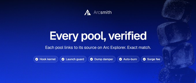 A dark blue advertisement for 'Arcsmith' featuring the tagline 'Every pool, verified' with feature highlights for Hook kernel, Launch guard, Dump damper, Auto-burn, and Surge fee.