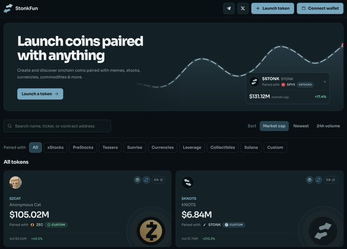 A screenshot of the StonkFun platform showing 'Launch coins paired with anything' with tokens including $ZOAT (Anonymous Cat) at $105.02M and $KNOTS at $6.84M displayed.