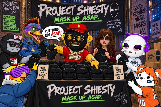 A colorful digital illustration titled 'PROJECT SHIESTY - MASK UP ASAP' depicts various anthropomorphic characters and people wearing black ski masks at a booth distributing free masks, with signs promoting the project.