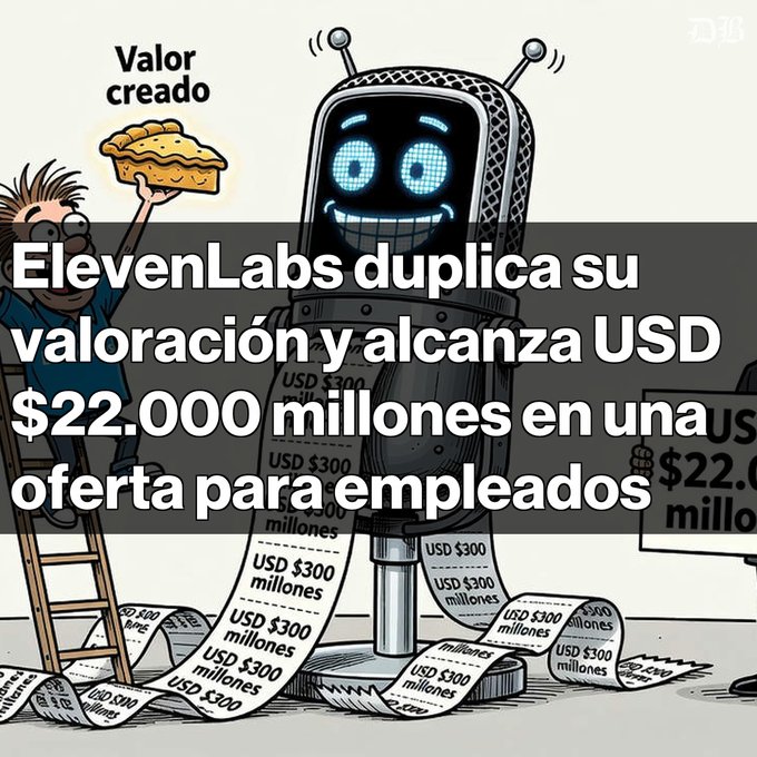 The image is a cartoon illustration showing a robot-like figure with antennas and a digital smiling face, with a person on a ladder offering it a "Valor creado" (Value created) treat, surrounded by long printout receipts labeled "USD $300 millones." Overlaid Spanish text states "ElevenLabs duplica su valoración y alcanza USD $22.000 millones en una oferta para empleados," which directly illustrates the article's announcement that ElevenLabs doubled its valuation to $22 billion through a $300 million employee liquidity offer.