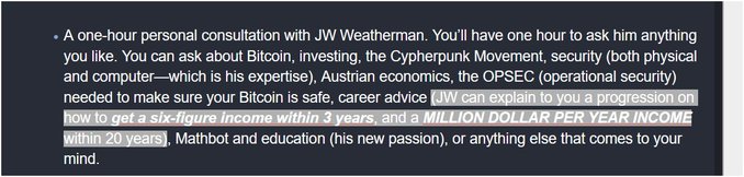 The image advertises a one-hour personal consultation with JW Weatherman offering advice on Bitcoin, investing, cybersecurity, and notably promising a "progression on how to get a six-figure income within 3 years, and a MILLION DOLLAR PER YEAR INCOME within 20 years." The accompanying post criticizes JW Weatherman as a "con artist" and reflects on the poster's regret for previously promoting him, suggesting the bold income guarantees in the ad are evidence of deceptive promises used to lure in potential clients.