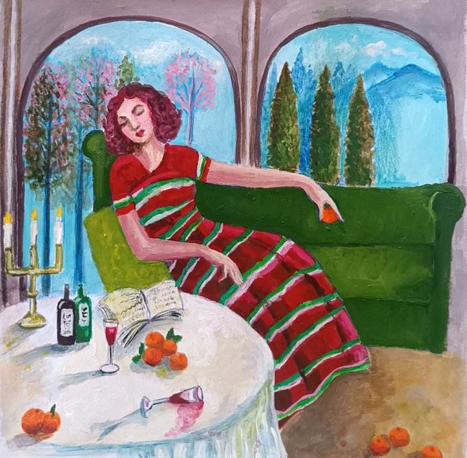 An expressionist painting of a woman in a red striped dress reclining on a green sofa by a round table with wine and fruit, with arched windows showing a blue landscape behind her.