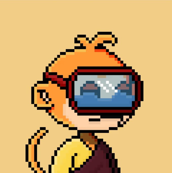 A pixel art character with orange hair and large blue visor-style goggles is depicted against a solid tan background.
