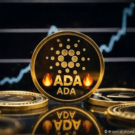 A physical ADA (Cardano) cryptocurrency coin displayed with a stock chart in the background, featuring fire emojis on either side of the ADA text.
