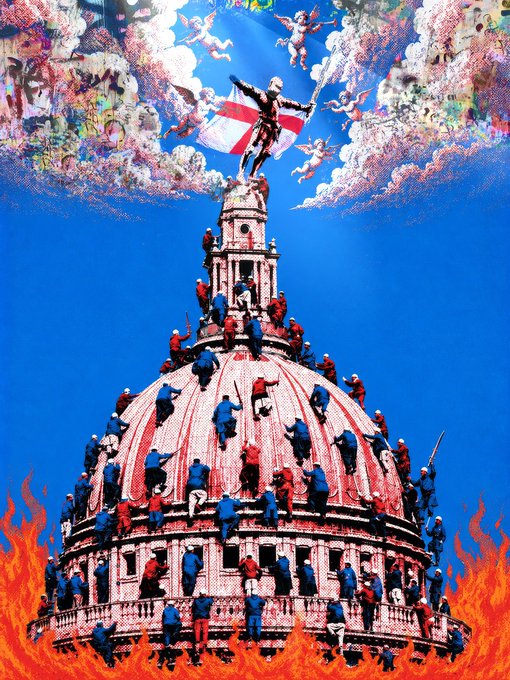 A surreal collage-style illustration depicting a figure holding a flag atop a domed building, surrounded by crowds, angels in clouds, and flames below.