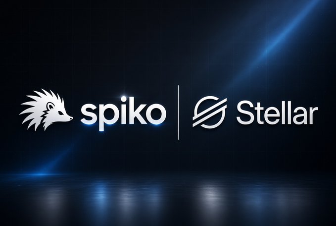 A dark blue promotional graphic displays the white logos "spiko" (with a hedgehog icon) and "Stellar" side by side.