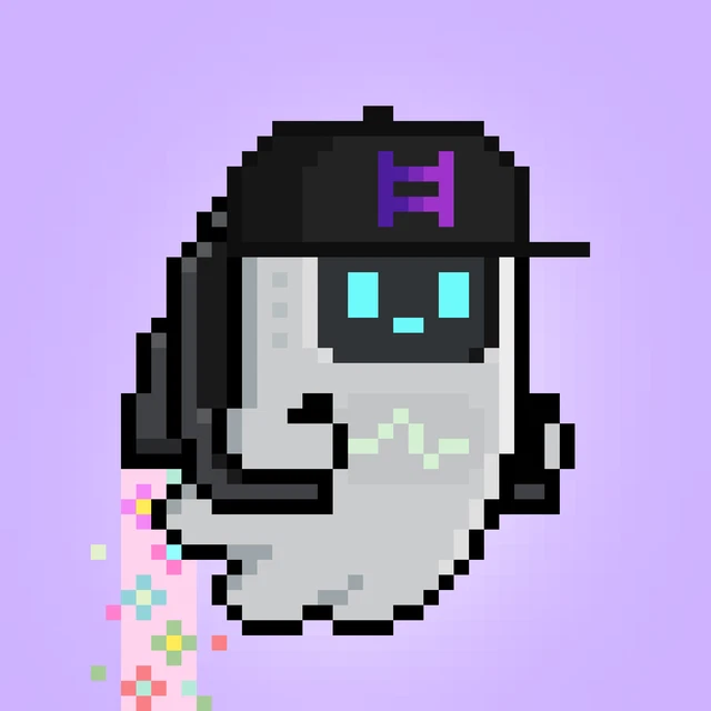 A pixel art illustration of a cute white ghost-like character wearing a black baseball cap with a purple 'A' logo, holding a pink object with colorful flowers on a light purple background.