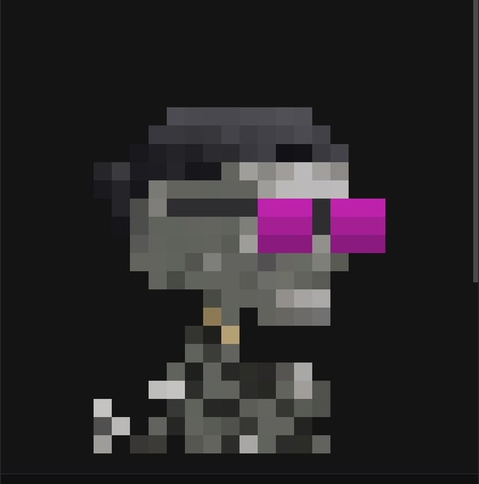 A low-resolution pixel art character resembling a grey figure wearing bright pink rectangular glasses and a white outfit against a black background.