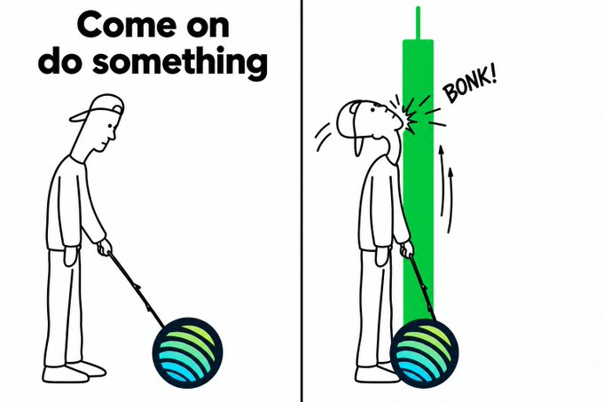 A two-panel comic showing a person holding a ball: the left panel reads 'Come on do something' with the person looking down, and the right panel shows 'BONK!' as they hit their head on a green pillar.