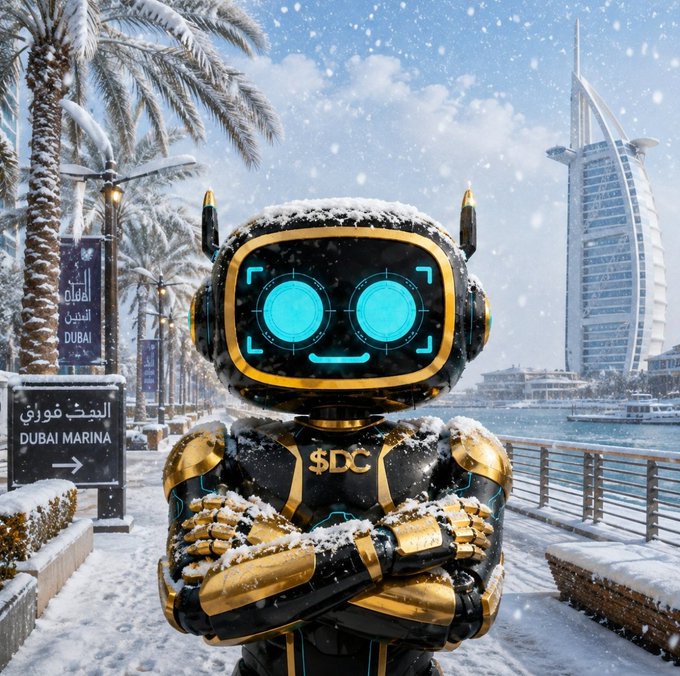 A futuristic black and gold robot with glowing cyan eyes standing with crossed arms in a snowy Dubai Marina setting, with the Burj Al Arab visible in the background.