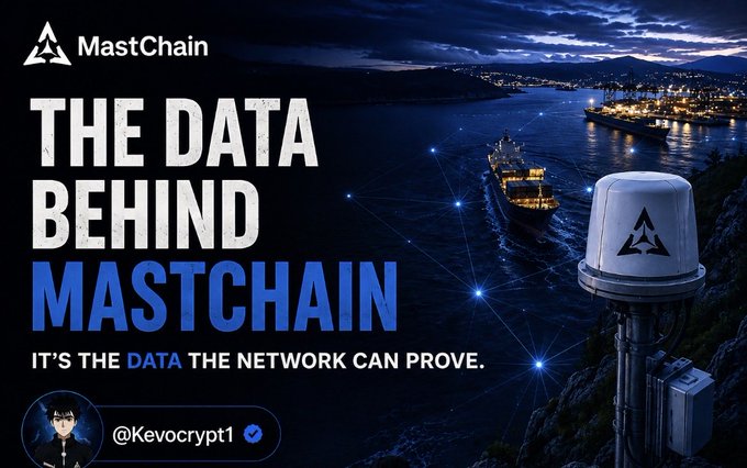 A dark, atmospheric banner for 'MastChain' with the tagline 'THE DATA BEHIND MASTCHAIN - IT'S THE DATA THE NETWORK CAN PROVE,' showing a nighttime coastal harbor with a cargo ship and a network device, credited to @Kevocrypt1.