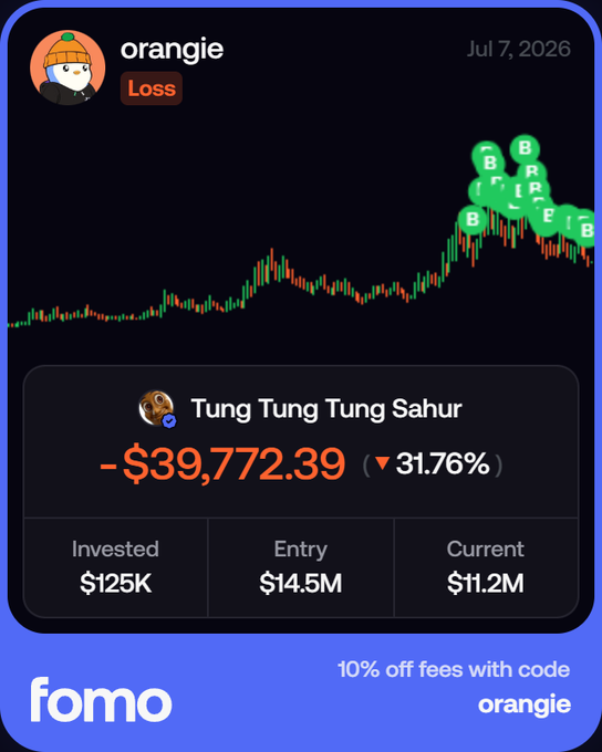 A trading screenshot from the "fomo" app showing user "orangie" with a Loss on "Tung Tung Tung Sahur" down 31.76% (-$39,772.39) on a $125K investment, marking their longest memecoin hold at 35 days despite the significant unrealized loss.
