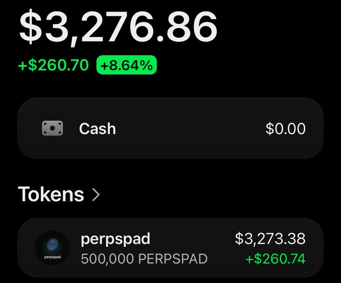 A cryptocurrency portfolio screen displaying a total value of $3,276.86, up $260.70 (+8.64%), with cash at $0.00 and a holding of 500,000 PERPSPAD tokens valued at $3,273.38.