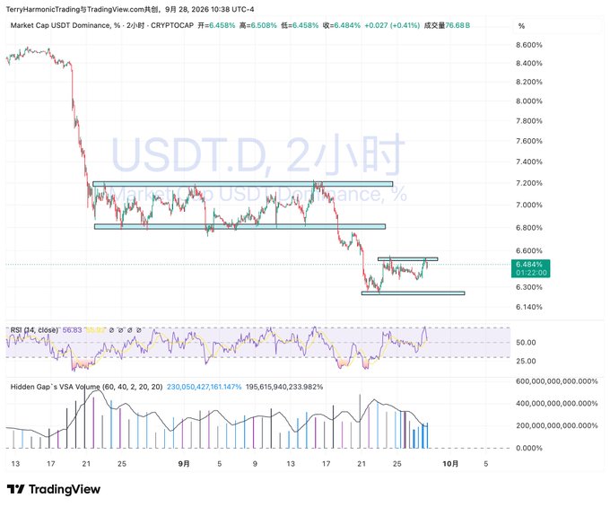 A TradingView chart from TerryHarmonicTrading showing the USDT Dominance (USDT.D) on a 2-hour timeframe, currently at 6.484% (-0.41%), with horizontal support/resistance zones marked and RSI and Hidden Gap Volume indicators below.