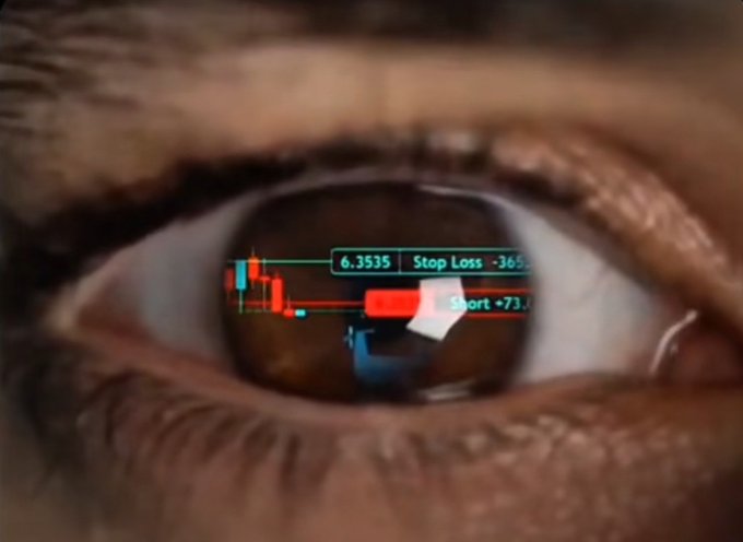 A close-up of a brown eye reflects a stock trading chart showing "6.3535" with a "Stop Loss -365" and "Short +73" label, perfectly capturing the obsessive, all-consuming focus on trading numbers described in the post.