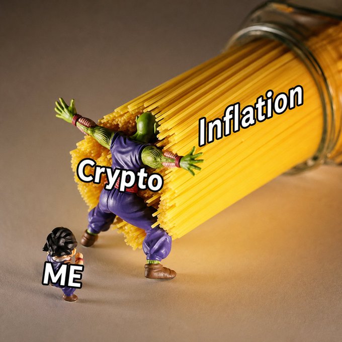 A meme image showing a Piccolo figure being hit by a burst of spaghetti labeled 'Inflation' while a small character labeled 'ME' watches.