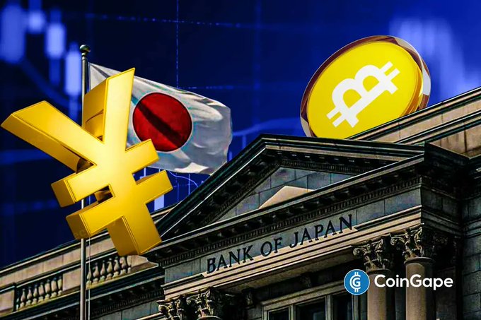 The image shows the Bank of Japan building facade alongside a Japanese flag, a golden yen (¥) symbol, and a golden Bitcoin (₿) coin, visually representing the BOJ's potential rate hike and its implications for the yen carry trade and Bitcoin, as referenced in the CoinGape article.