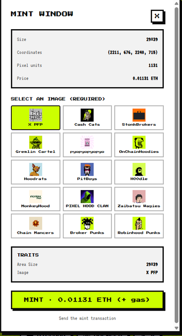 A "MINT WINDOW" interface for Pixel Hood displays pricing details (29139 size, 0.01131 ETH for 1131 pixel units) and a grid of NFT image options including X PFP, Cash Cats, and StandBrokers, with the X PFP image currently selected for minting at 0.01131 ETH plus gas. The interface visually demonstrates the pixel-minting process mentioned in the post, showing how users select an image and mint a designated pixel area on the pixelshood.online platform.