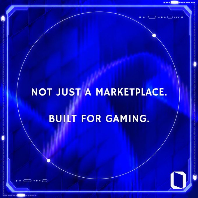 A blue gaming-themed graphic with a circular interface reads, “NOT JUST A MARKETPLACE. BUILT FOR GAMING.”