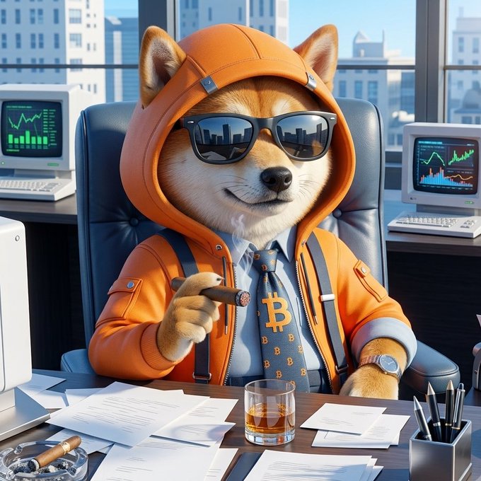 A Shiba Inu dog dressed as a trader wears an orange hoodie, sunglasses, and a tie with Bitcoin logos while smoking a cigar at an office desk surrounded by monitors showing trading charts.