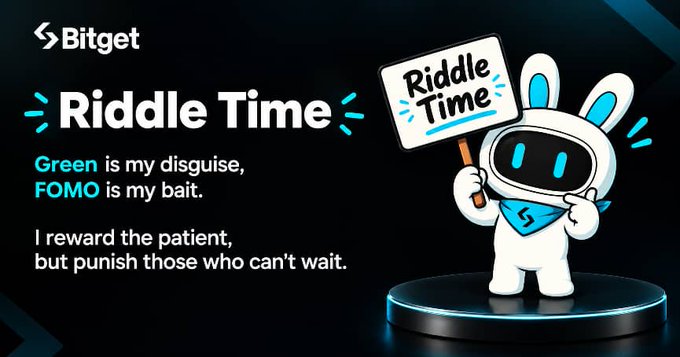 A Bitget promotional "Riddle Time" image features a white bunny mascot holding a "Riddle Time" sign, alongside a crypto-themed riddle: "Green is my disguise, FOMO is my bait. I reward the patient, but punish those who can't wait." The post invites viewers to guess the answer and engage by liking, reposting, and commenting.