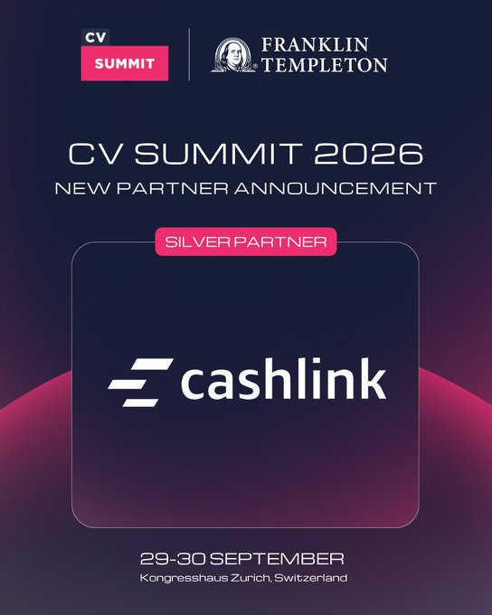 A promotional graphic for the 'CV SUMMIT 2026' in partnership with Franklin Templeton, featuring 'cashlink' as a new Silver Partner for the event on 29-30 September at Kongresshaus Zurich, Switzerland.