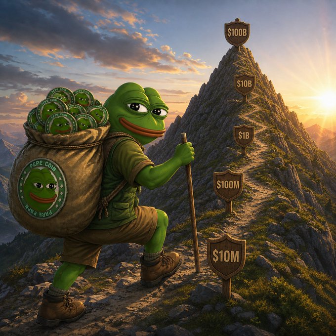 A digital illustration of the Pepe frog character hiking up a mountain, carrying a 'PEPE COIN' sack, with markers showing market cap milestones from '$10M' up to '$100B'.