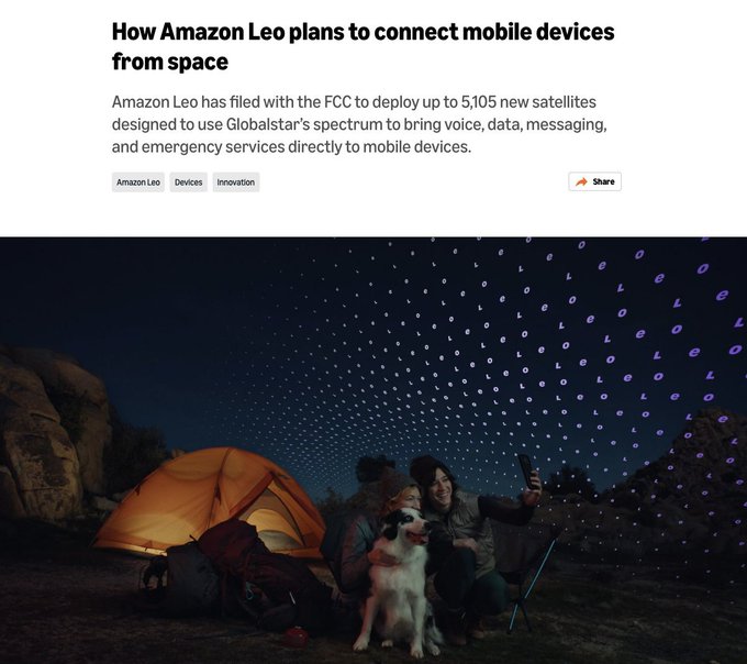 The image shows an article headline reading "How Amazon Leo plans to connect mobile devices from space," noting Amazon Leo's FCC filing to deploy up to 5,105 new satellites using Globalstar's spectrum for voice, data, messaging, and emergency services on mobile devices. Below the headline, an illustration depicts a person taking a selfie with a dog outside a tent at night, with a constellation of illuminated "L" satellites visible in the sky above, visually representing the direct-to-device satellite connectivity Amazon Leo aims to provide.