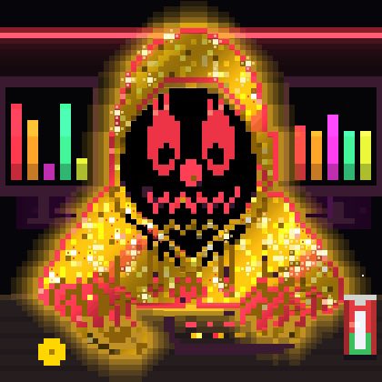 Pixel art of a glowing gold hooded figure with a red skull face, set against a background with colorful bar graphs and a '1%' tag.