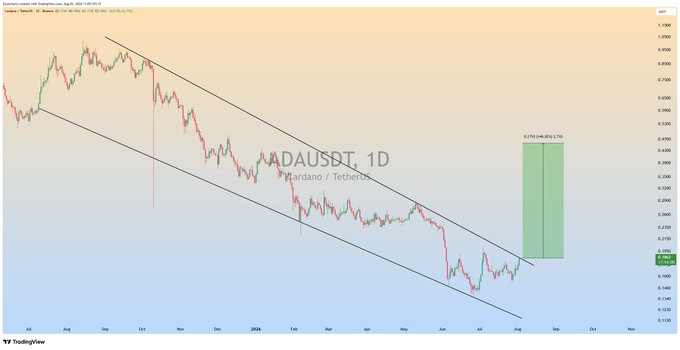 The chart shows the ADAUSDT trading pair forming a descending channel on a 1D timeframe, with a potential bullish breakout indicated by a green box suggesting a massive bullish wave.