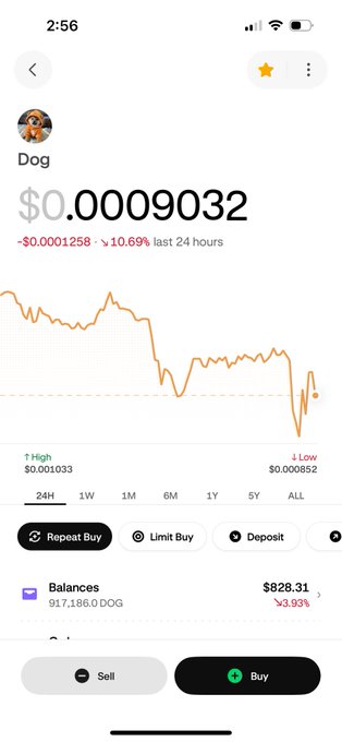 A crypto trading app screenshot showing a token called 'Dog' priced at $0.0009032, down 10.69% in the last 24 hours, with a chart and balance of 947,186.0 DOG.