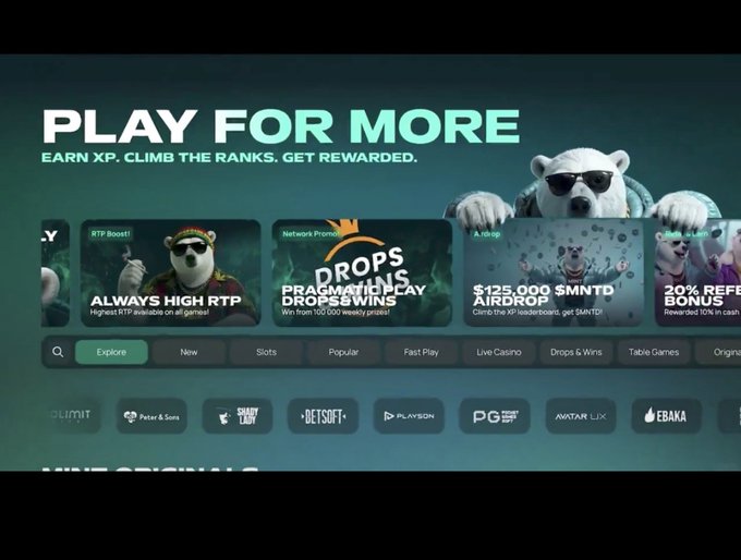 A promotional banner for a crypto casino featuring a polar bear mascot wearing sunglasses, with the text 'PLAY FOR MORE, EARN XP, CLIMB THE RANKS, GET REWARDED' above game tiles for 'ALWAYS HIGH RTP', 'PRAGMATIC PLAY DROPS & WINS', and an '$125,000 $MNTD AIRDROP' on the Stake platform.